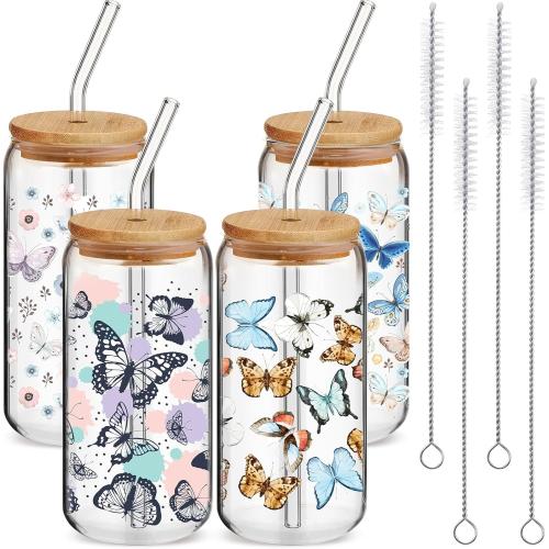 Cunhill 4 Pcs Butterfly Glass Cups Bulk Butterfly Iced Coffee Cup with Bamboo Lid and Straw 16oz Drinking Glasses Beer Can Cup for Birthday Gift Women Teacher Mom Sister