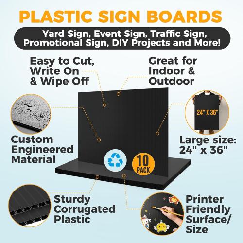 10-Pack Poster Board 24x36 Corrugated Plastic Sheets - 4mm, Extra Large Waterproof Blank Yard Sign for DIY Projects, Printing, Crafts, Presentations, Outdoor Displays, Signs - Black