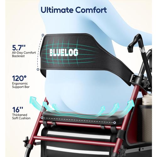 Bluelog Walkers for Seniors Rollator Walkers with Seat, 350lb Capacity with Cup Holder & Cane Holder, 8'' All Terrain Wheels, Adjustable Handles and Seat Height, Foldable Design, Burgundy