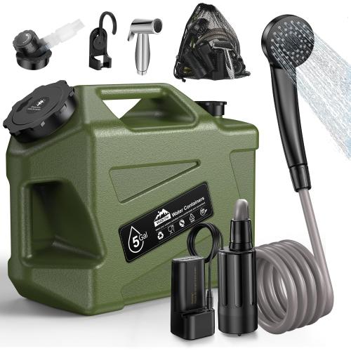 Portable Camping Shower with Water Jug, Electric Rechargeable Camping Shower, 5-Gallon Food Grade Water Containers, Outdoor Camp Pump Water Storage Kit for Hiking Beach, Travel, Pet Bath