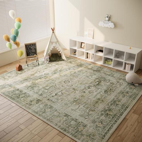 Washable Rugs for Living Room: Large Area Rug for Bedroom Non Slip Low Pile Soft Faux Wool Non Shedding Vintage Boho Carpet Rugs for Dining Room Kitchen Nursery Under Table Farmhouse Home Office