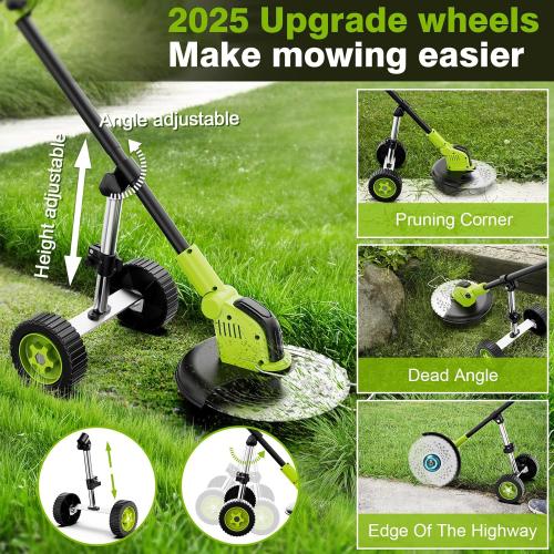 Green 12 Kihoplly Stringless Weed Wacker Cordless Eater, 21V 3000mAh*2 Battery Powered Grass Trimmer Brush Cutter, 3-in-1 Wheeled Lawn Edger with Blades, Electric String Trimmer 2 Batteries and Charger