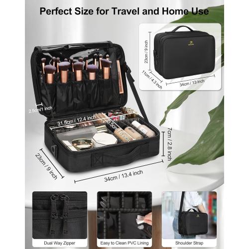 Relavel Travel Makeup Train Case Makeup Cosmetic Case Organizer Portable Artist Storage Bag with Adjustable Dividers for Cosmetics Makeup Brushes Toiletry (medium black)