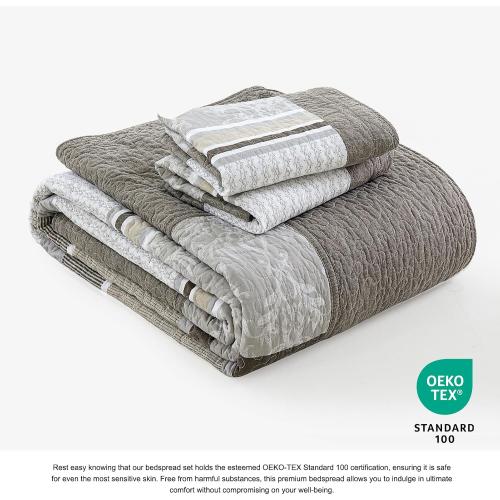 Color Grey 3 Piece King Bedspreads - 100% Cotton Oversized King Quilt with 2 Pillow Shams, Farmhouse Lightweight Stripe Bedspread Coverlet Sets, Brown/Gray/Beige