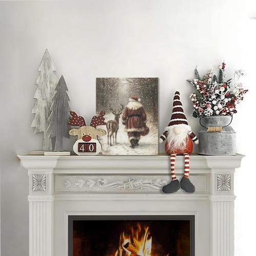 FGFK Vintage Christmas Reindeer and Santa Wall Art Decor Framed, Holiday Winter Christmas Decor, Rustic Xmas Snowy Forest Canvas Prints Poster Wall Decorations for Home Bedroom Living Room, 8x10 Inch