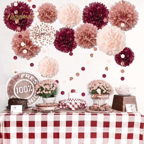NICROLANDEE Bachelorette Party Decorations 15Pcs Burgundy Tissue Pom Poms