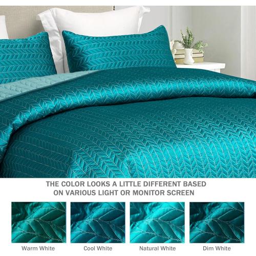 Whale Flotilla Silky Soft Satin Quilts Queen Size, Luxury Reversible Lightweight Bedspreads Covelets for All Seasons, Leaf Stitched Pattern Bedding Set with Satin Pillowcases, Turquoise