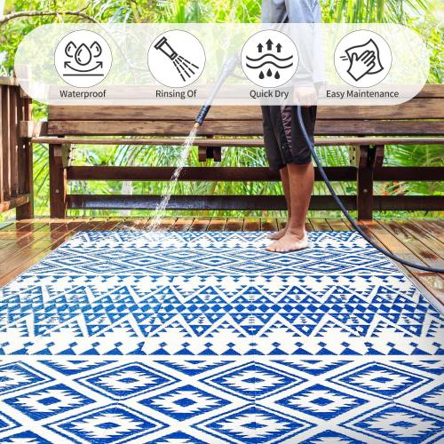 Waterproof Outdoor Rug 5x8ft, Bohemia Reversible Plastic Straw Mat for Patio RV Deck Porch Backyard Balcony Camping Picnic Beach Indoor Outdoor Carpet, Blue&White