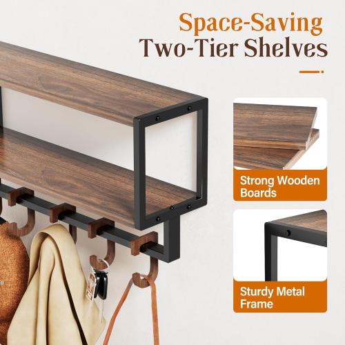 Wall Shelf with Hooks, 2 Tier Coat Rack Wall Mount with Shelf for Entryway Farmhouse Living Room, 5 Wooden Decorative Wall Hooks for Hanging Coat Jackets Hats Towel Key (16.5)