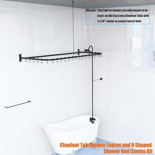 Clawfoot Tub Shower Kit,Add On Shower With Bathcock Diverter Faucet and 60 D Type Claw foot Tub Shower Curtain Rod Kit,D-Style Shower Rod and Clawfoot Tub Shower Faucet Set,Matte Black