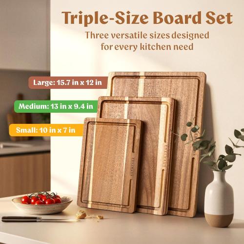 Acacia Wood Cutting Board for Kitchen, Non-Toxic Cutting Board Set of 3, Chopping Boards with Deep Juice Groove for Meat, Cheese & Vegetables - Durable & Double sided with serving Compartments