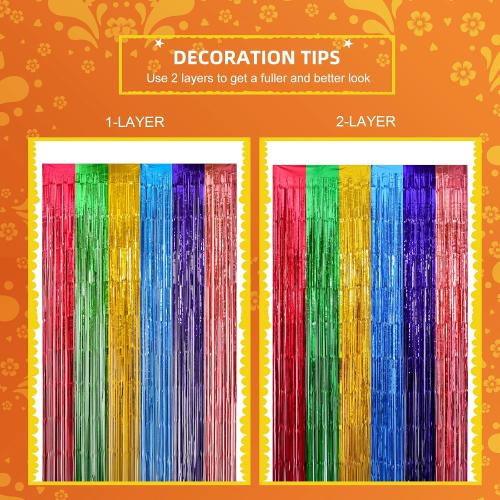 Mega-L Fiesta Taco Foil Fringe Curtains, Mexican Party Backdrop, 2 Pack