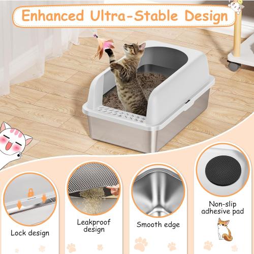 Suzzipaws Stainless Steel Litter Box with Lid, Metal Litter Box with Cat Litter Mat,Extra Large Enclosed Cat Litter Boxes for Multiple Cats, Anti-Leakage,Non-Stick, Easy to Clean, Included Mat, Scoop