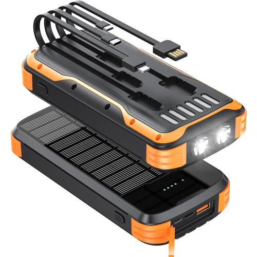 Solar-Power-Bank-Charger, 40000mAh Portable Phone Charger Built in 4 Cables with USB C in/Output, PD 20W Fast Charging Portable Charger, External Battery Pack with Dual Bright Flashlights
