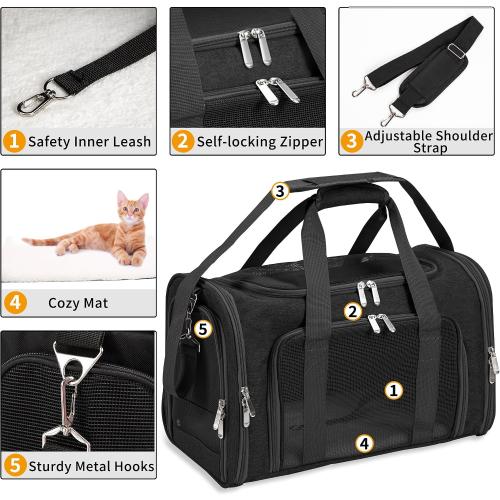 Soft-Sided Cat/Dog/Pet Carrier, Collapsible Pets Travel Carriers for Big Cats/Small Dogs with Shoulder Strap & Removable Mat, Mesh Puppy Carry Bag, Up to 16 Lbs, TSA Airline Approved(Black)