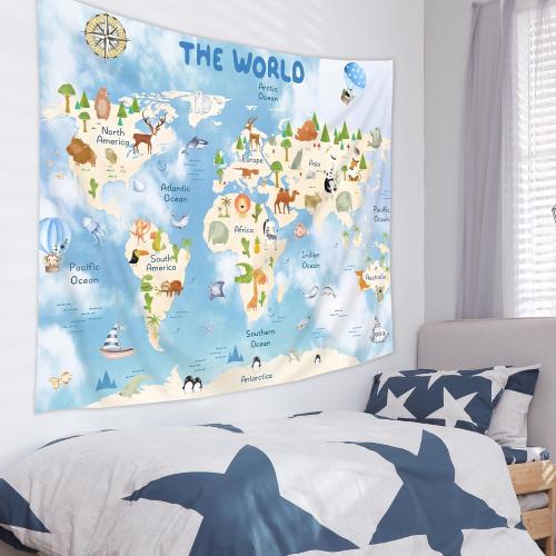 Riyidecor Kids Map Tapestry 59Wx51H Inch Blue World Cartoon Animal Cute Educational Geography Learning Tools Continents Wildlife Wall Hanging for Boys Girls Home Dorm Decor Art Living Room Bedroom