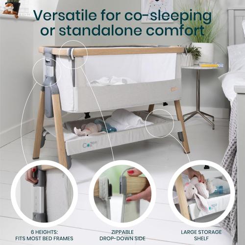 Tutti Bambini CoZee® 2-in-1 Baby Bassinet & Bedside Sleeper - Fast-Folding Bedside Bassinet, Baby Crib with 6 Mattress Heights & Breathable Mesh Window, Mattress Included, 0-6 Months (Silver & Oak) ‼️color different and mattress not included‼️