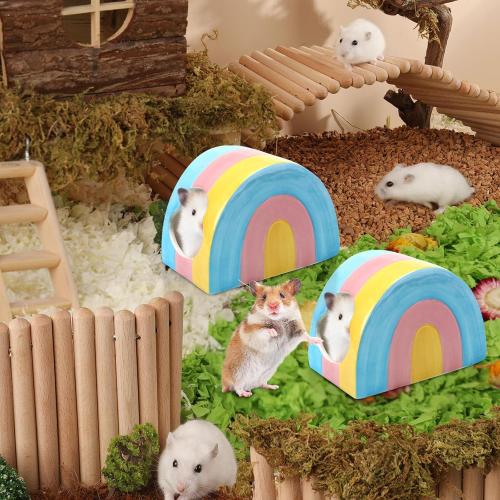 Ceramic Hamster Hideaway Colorful Rainbow House with Double Doors Mini Hut Sleeping Nest Hideout Cave Cage Accessories Small Animal Habitat Decor for Dwarf Hamsters Hedgehog (5.23 × 3.26 × 3.26 Inch)