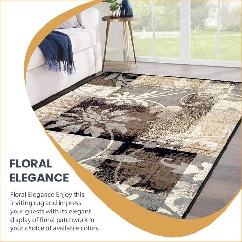 Superior Indoor Area Rug, Jute Backed, Perfect for Entryway, Office, Living/Dining Room, Bedroom, Kitchen, Floor, Modern Floral Patchwork Decor, Pastiche Collection, 2' x 3', Beige