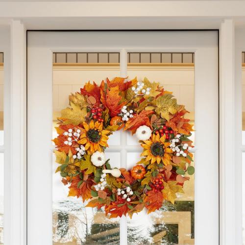 Fall Wreath for Front Door, 22-24 Autumn Wreath with Sunflower, Pumpkin, Berry. Artificial Home Decorations for Indoor Outdoor Window Wall Porch,UV Resistant Seasonal Decor for Thanksgiving Halloween