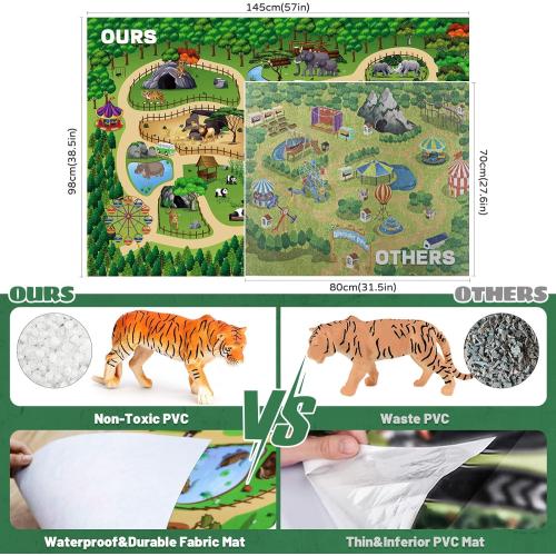 FRUSE Safari Animals Figures Toys w/ 57”x38.5”Jumbo Play Mat,12PCS Realistic Jungle Wild Zoo Animals Figurines Playset with Panda,Lion,Elephant,Educational Learning Toys for Toddlers Kids