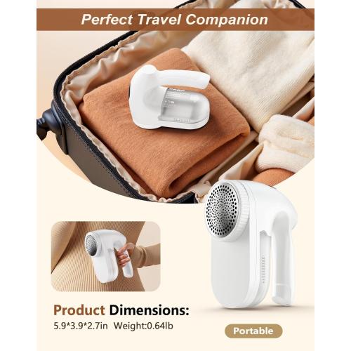 IPX6 Waterproof Washable Electric Fabric Shaver and Lint Remover, Rechargeable Sweater Defuzzer with 3 Free Extra Blades, Quickly and Effectively Remove Fluff, Fuzz, Bobbles for Clothes, White