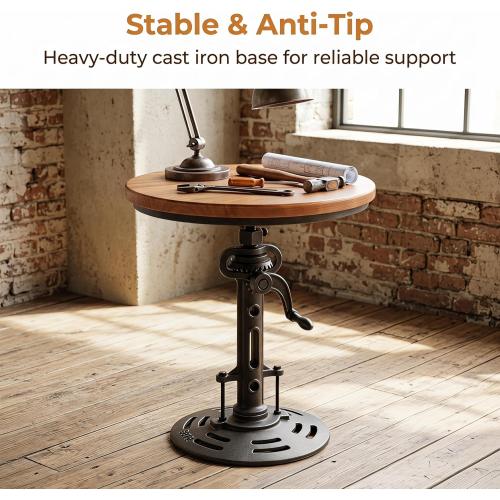 Topower Industrial Retro Side Table end Table Antique Mechanic DIY Crank Height Ajustable Cast Iron Base Table Farmhouse Accent End Table Silver