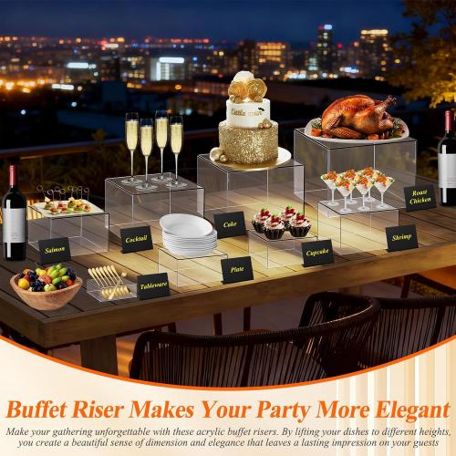8 Pcs Clear Acrylic Buffet Risers with Mini Sign and Maker,Buffet Risers and Stands Clear Food Display Risers for Buffet Table Party Catering Dessert Cupcake Collectibles (8 7 6 5 5 4 4 3)