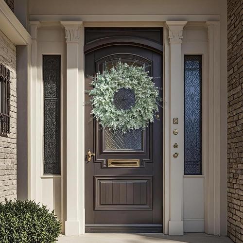 26'' Large Eucalyptus Wreath for Front Door, Porch- Artificial Eucalyptus and Lavender with Babys Breath Flowers Wreath for Home, Farmhouse Wall Decor- Spring, Summer, Fall, All Seasons (White-Green)