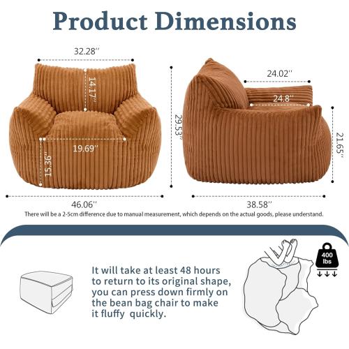 Size Giant Color Brown Plush Bean Bag Chair for Adults with Armrests - Oversized Comfy Orange Beanbag Lounge Lazy Floor Sofa Accent Chair for Living Room, Bedroom & Dorm, Cozy Fluffy Single Cloud Mini Couch