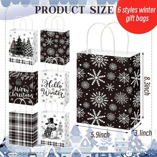 Fourluoo 30 Pack Winter Paper Gift Bags with Handles Black and White Winter Snowman Tote Bags 5.9 x 3.1 x 8.3 Inch Christmas Party Favor Snow Pine Candy Gift Handbag for Xmas Party Supplies
