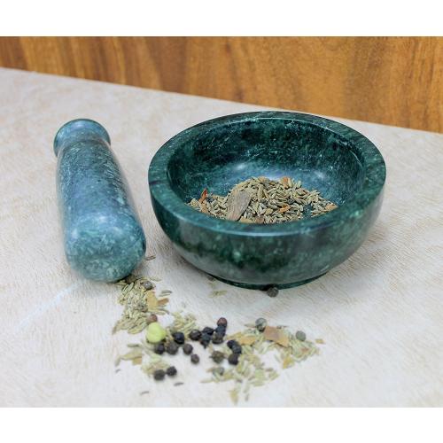4 Diameter Natural Stone Mortar and Pestle Set as Spice Grinder, Medicine Masher - Okhli and Musal (Green Shallow)