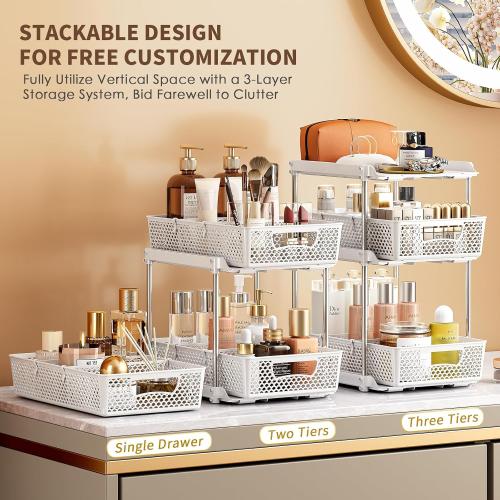 3Pcs 3 Tier Bathroom Organizers and Storage, UPGRADE WIDER BOLDER, Pull Out Under Sink Organizer with Dividers, Kitchen Pantry Organizers and Storage, Bathroom Storage Cabinet - White