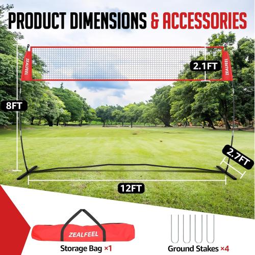 ZEALFEEL 12 FT/20 FT Portable Adjustable Volleyball Net for Backyard | Freestanding Net with Carry Bag for Hitting and Serving Drills in Backyards, Parks, Beach or Outdoor & Indoor