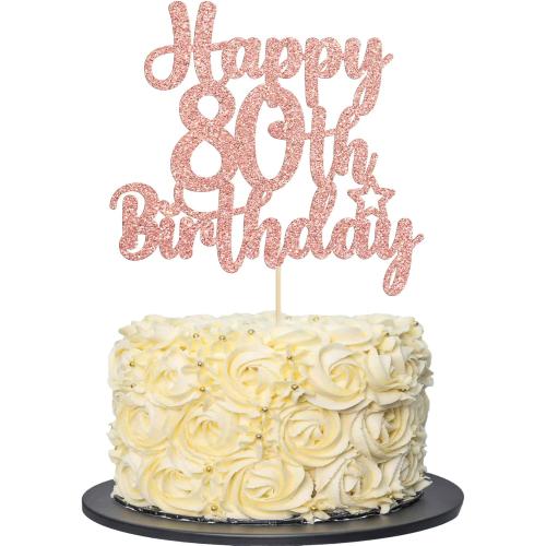 Gyufise 1Pc Happy 80th Birthday Cake Topper Glitter Cheers to 80 Years Old Birthday Cake Pick for Happy 80th Birthday Anniversary Party Cake Decorations Supplies Rose Gold