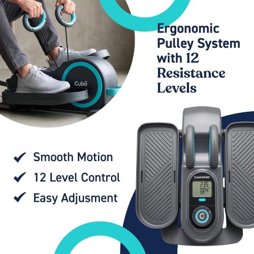 Cubii Total Body Under Desk Elliptical Bike with Built-in Upper Body Resistance Bands | Seated Exercise Machine - Arms   Legs Workout for Seniors & All Ages, 12 Resistance Levels, LCD Display