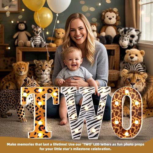 Two Safari Wild Birthday Decorations for 2 Year Old Girl and Boy,Light Up Letters Two Sign for 2nd Birthday Centerpiece Table Decorations,Jungle Animal Party Supplies Backdrop Wall Decor