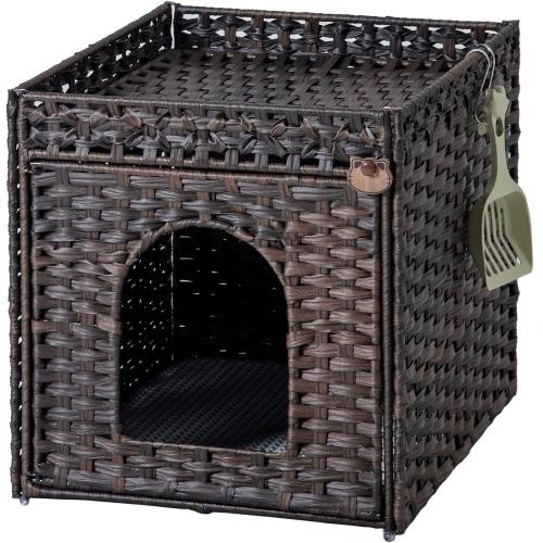 SETVSON Cat Litter Box Enclosure Furniture, Hidden Litter Box with Mat and Fence, Handwoven Rattan Cat House with Two S-Shaped Hooks for Living Room, Bedroom, 18.5 x 20.5 x 19.1 Inches (Brown)
