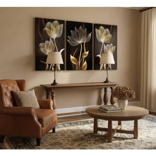 3 Pieces Modern Abstract Brown Flowers Canvas Wall Art Minimalism Black and Gold Floral Painting Pictures Luxury Wall Decor Posters Print Artwork for living room Office Bedroom Home Decoration