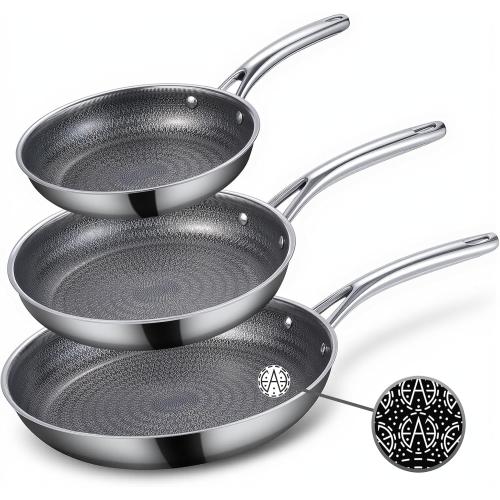 Ammeloo Hybrid Tri-Ply Stainless Steel Frying Pan Set, 8/9.5/11 Cooking Pans, Non Stick Frying Pans and Skillets, Chef Pan, Non Toxic, Dishwasher Safe, Induction Compatible, Black Interior