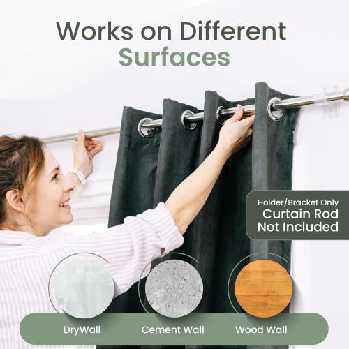 No Adhesive Heavy Duty Curtain Rod Holders with Wide Hook, 5X Stronger Than Adhesive Curtain Rod Hooks,Tension Curtain Rod Bracket for Wall with Pin Guide, Curtain Wall Mount (4 Pack, for 0.75 Rods)
