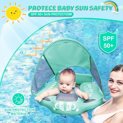 Mambobaby Baby Swim Float with Canopy & Tail Infant Pool Float Non-Inflatable Toddler Swim Float with Skin-Friendly Material for 3-24 Months Baby Boys Grils Elephant Green