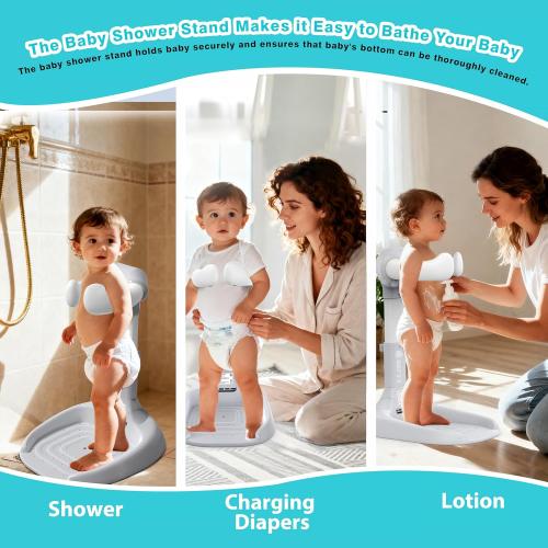 Baby Shower Stand with Anti-Slip Base & Anti-Pinch Silicone, Adjustable Foldable Baby Bath Support for Toddlers 6-36 Months, Portable Standing Helper with Shower Holder | Soporte para Bañera de Bebé
