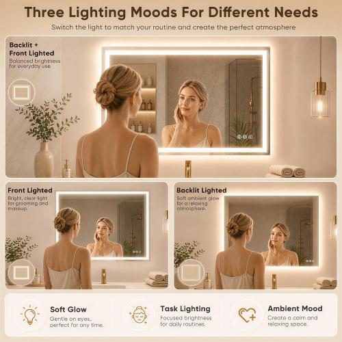 Antok 55x30 LED Bathroom Mirror with Lights, Backlit   Front Lit Vanity Mirror with CRI>90, Dimmable Anti-Fog Smart Mirror with Memory Function, 3 Color Temperatures, Shatterproof Tempered Glass, ETL