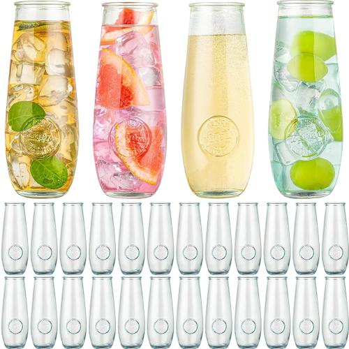 Stemless Champagne Flutes Set of 24, 10 oz Champagne Glasses, Toasting Glasses, Prosecco Mimosa Glasses, Made Of Recycled Glass, Embossed Stemless Champagne Flutes for Wedding, Party, Easter