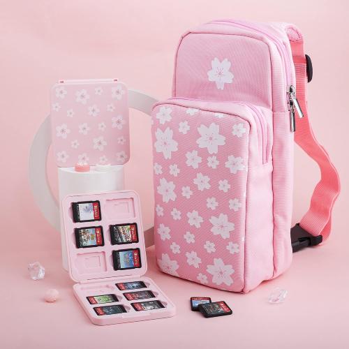 FUNDIARY Pink Carrying Travel Bag for Switch 2/Switch/OLED/Lite with Sakura Design, Portable Accessories with Pink Sakura Shoulder Bag Crossbody Backpack, 12 Game Case Holder and 2 Thumb Caps