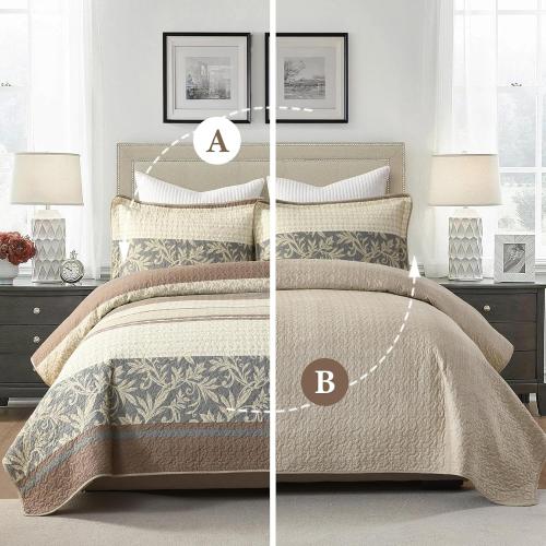 100% Cotton Quilt Set Queen Size - Striped Quilted Comforter, Patchwork Botanical Queen Quilt Bedspread, Modern Farmhouse Lightweight Bedding for Queen Bed, 3pcs, Brown/Beige/Gray