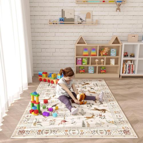 Living Room Rug 5x7 Rug Machine Washable Boho Area Rug Non Slip Floral Animal Vintage Low Pile Large Rugs for Living Room, Bedroom, Farmhouse, Dining Room, Kids Playroom (Beige)