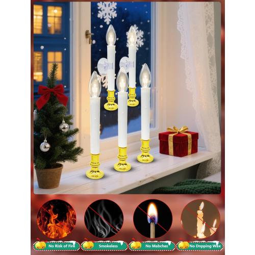 4 Pack Christmas Battery Operated Window Candles with Timer (6-18H), Wireless Window Candle Light with Gold Candlestick Base, C26 LED Bulb Candle Lamp for Home Party Valentines Decor, 4 Suction Cups