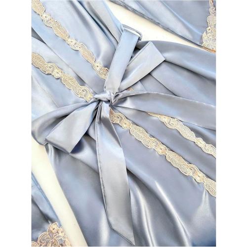 Size S Nordic Women's Satin Sleepwear 5 Piece Silk Pajamas Lace Trim Camisole Shorts Pants Nightgown Nightwear with Robe Set